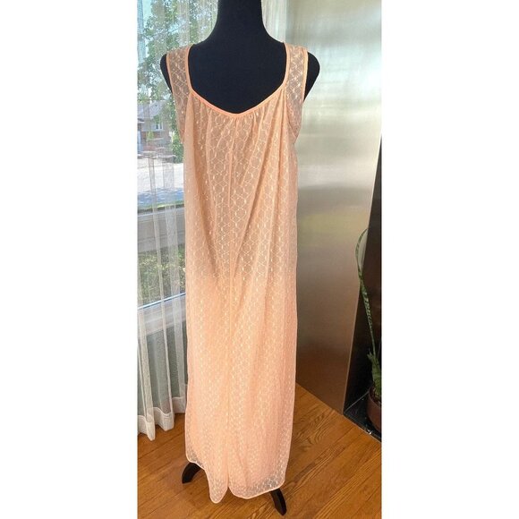 Vintage 60s night dress, peach double layers sleeveless nightgown - Picture 5 of 8
